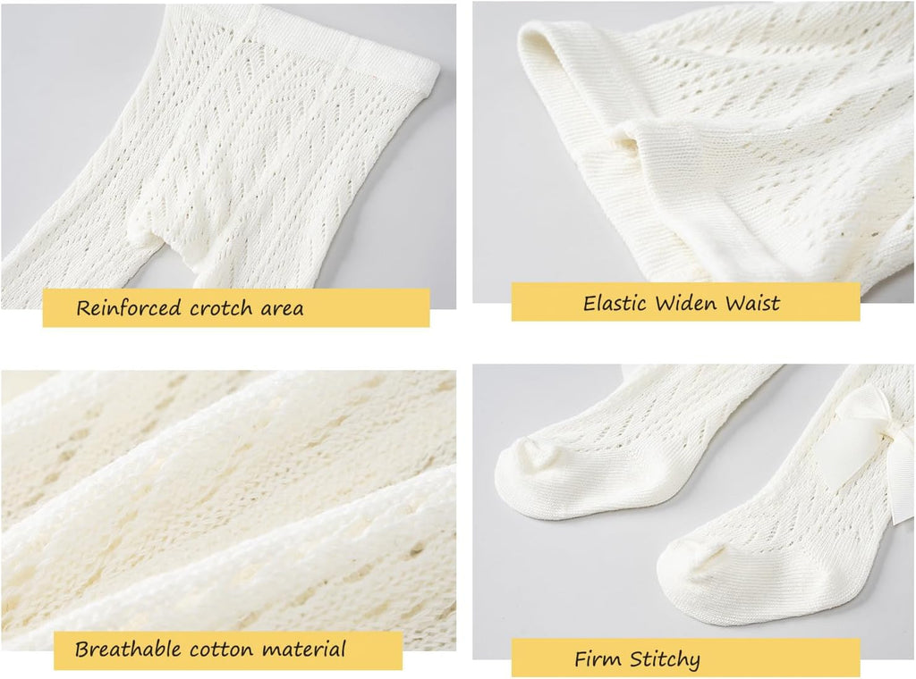 CHUNG Baby Girls Cotton Tights Thin Hollowed Summer with Bowknot Mesh Lace Fashion Toddler Footed Legging Pantyhose