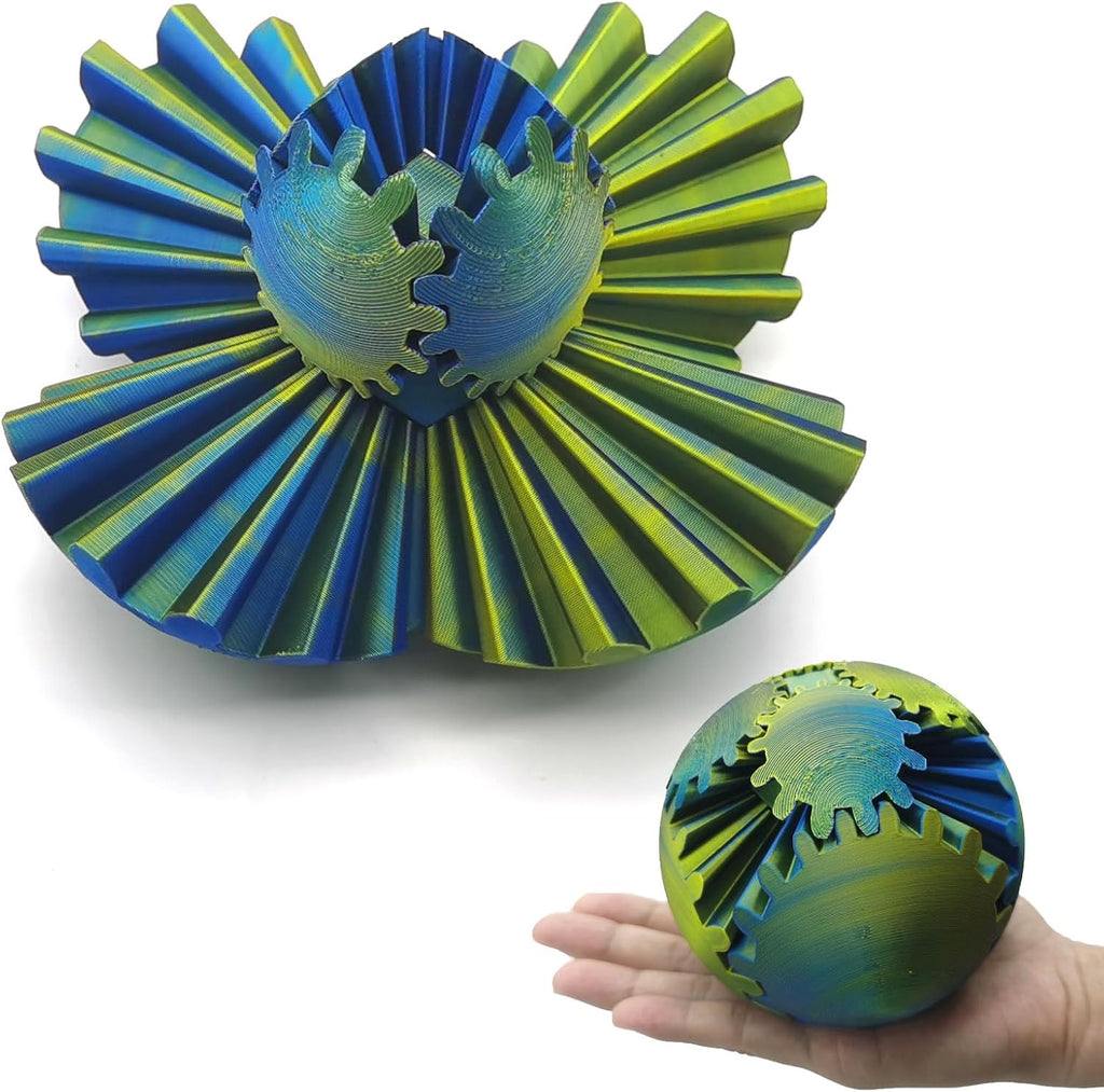 3D Printed Gear Ball Spin Ball, 4inch Large Gear Ball Fidget Toy, Gear Sphere Cube Puzzle, Gearball Fidget Desk Toy, Gearsphere Steampunk Whirling Wonder Fidget Stress Ball (Yellow Blue)