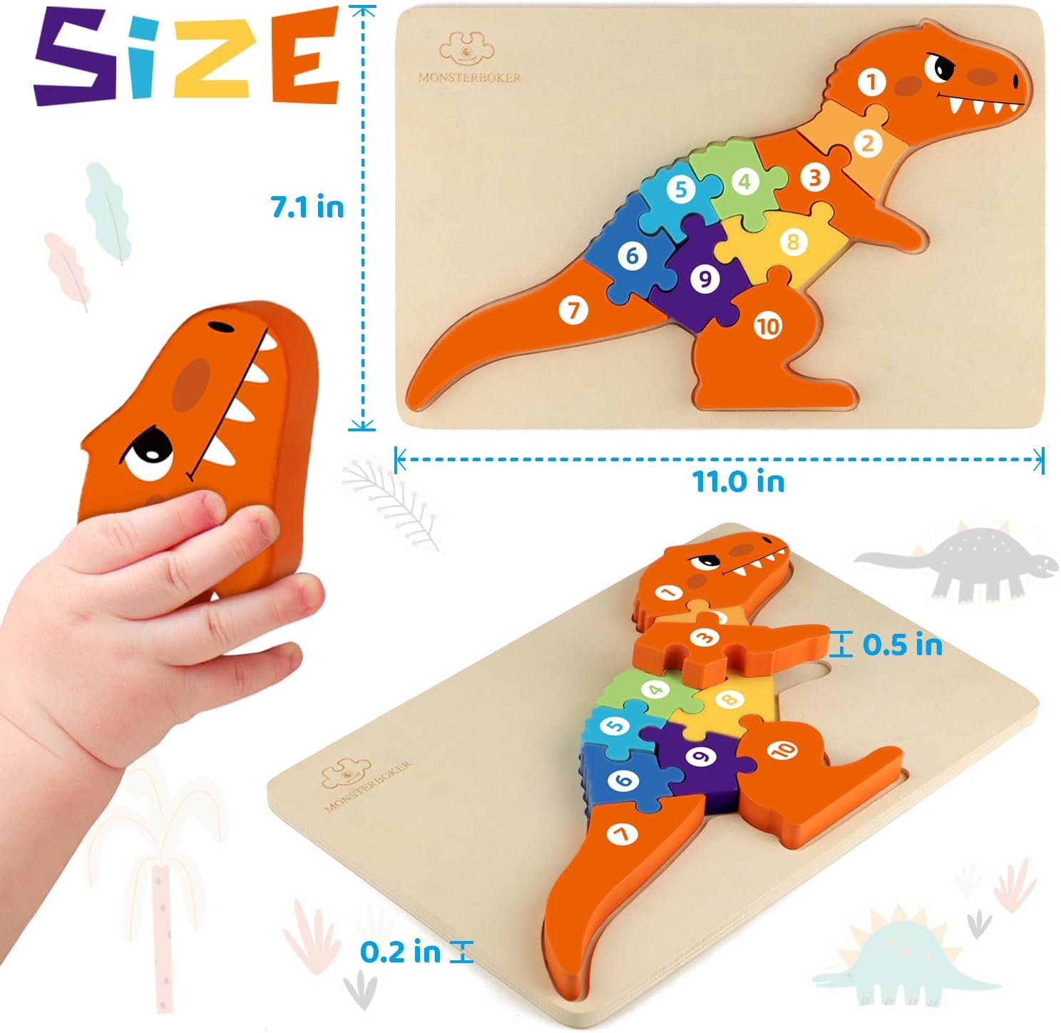 Dinosaur Puzzles for 1+ Year Old, Wooden Puzzles for Toddlers 1-3, Dinosaur Toys for Kids 2-4 Boys/Girls, Large Floor Chunky Dino Puzzles Ages 3-5, Learning Number Color 4-6, Allosaurus