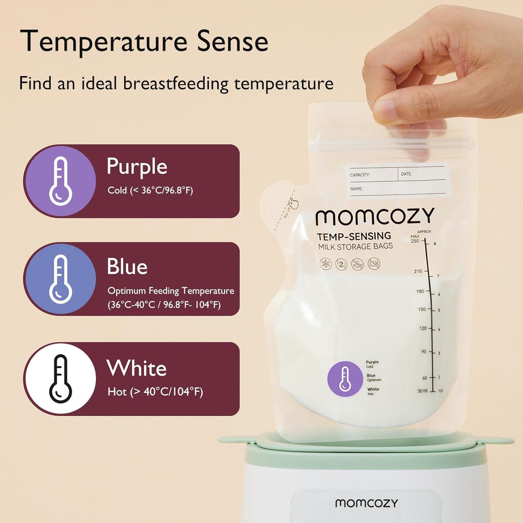 Momcozy Easy Pour Breastmilk Storage Bag, 8Oz, Temp-Sensing Color Change, 60 Count Milk Bag with Self Standing for Breastfeeding, No Leak Presterilized for Freezer, Recyclable & BPA Free