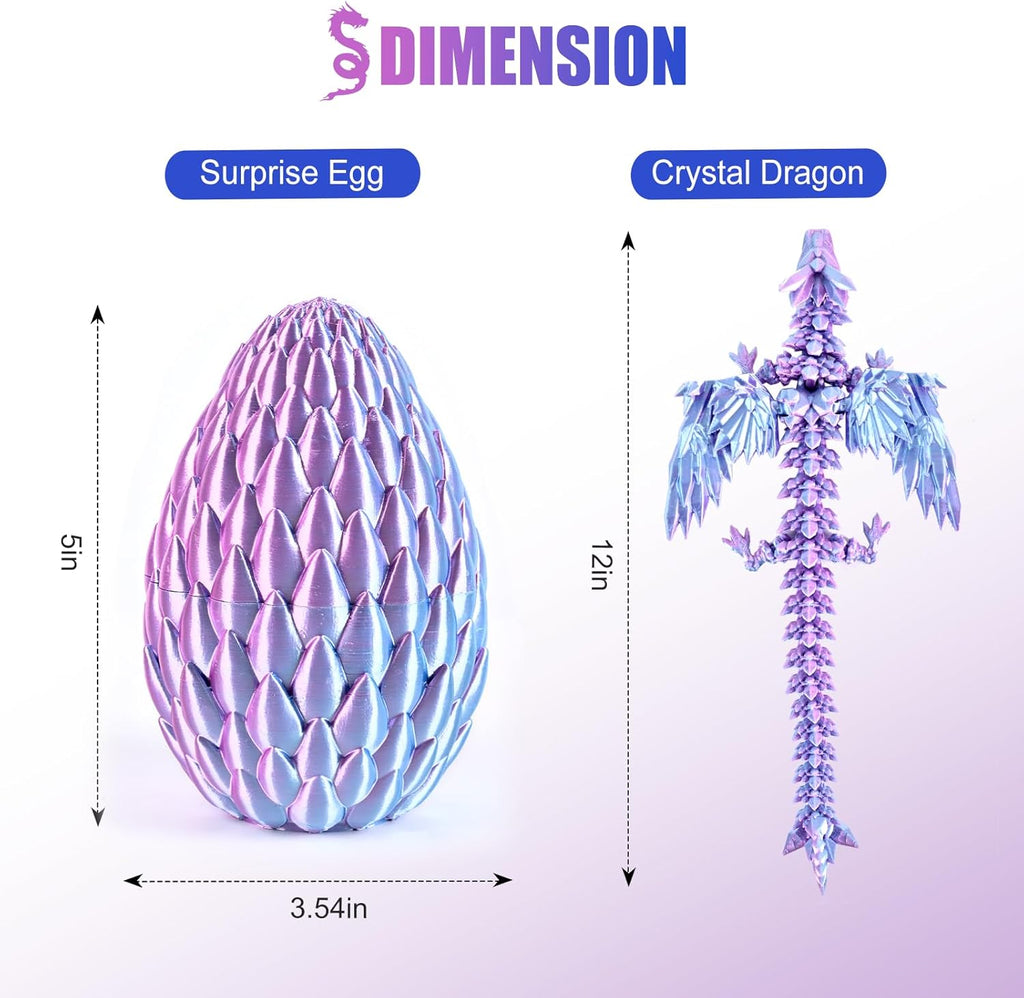 12inch Fly Dragon Egg, Year of The Dragon, 3D Printed Dragon, Executive Desk Toys, Articulated Dragon, Fidget Toys Gifts for Graduates Students Teachers Adults (Pink&Blue)