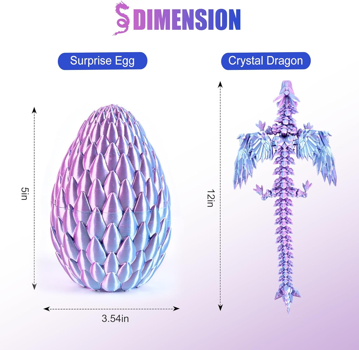 12inch Fly Dragon Egg, Year of The Dragon, 3D Printed Dragon, Executive Desk Toys, Articulated Dragon, Fidget Toys Gifts for Graduates Students Teachers Adults (Pink&Blue)