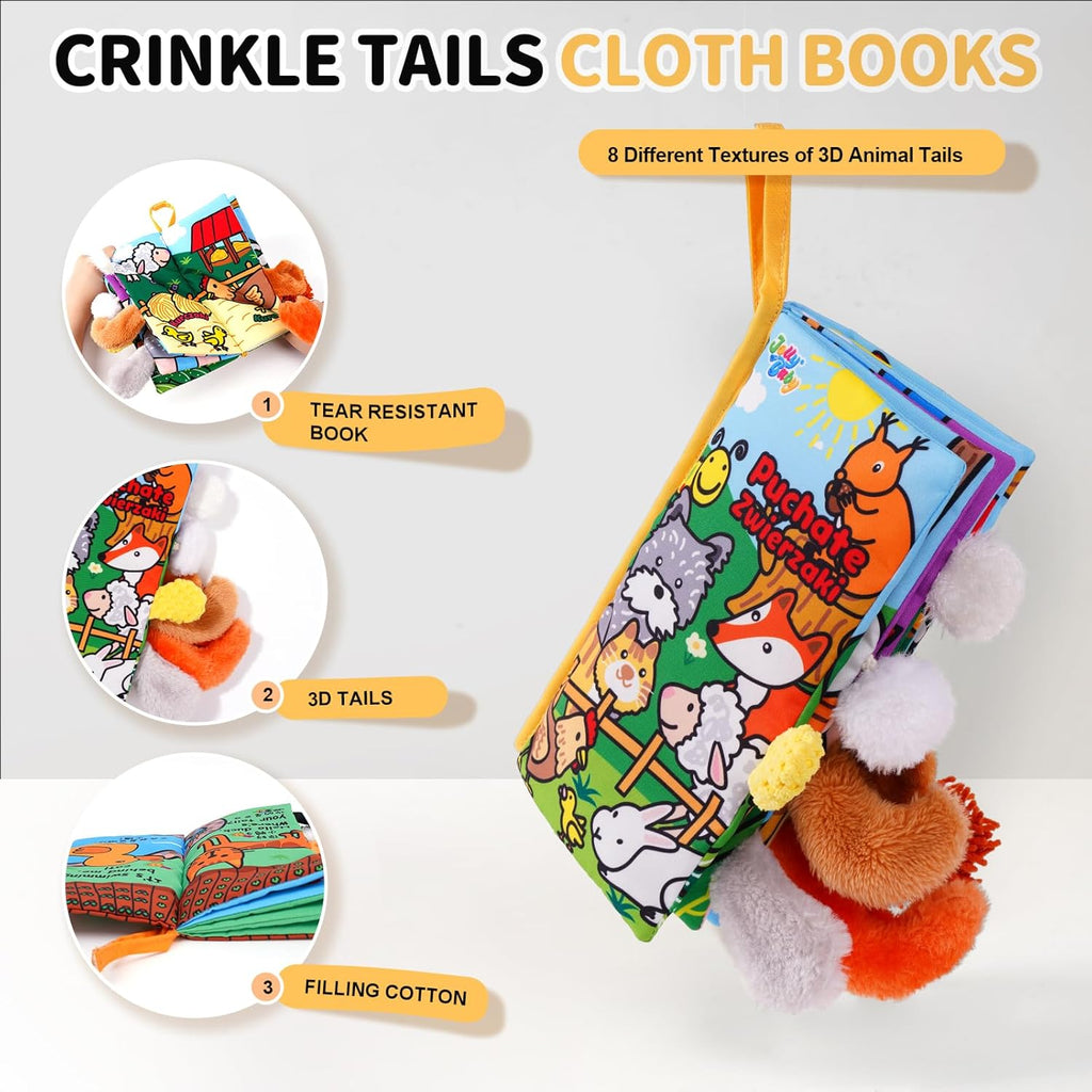 Jollybaby Baby Cloth Books, Touch & Feel Crinkle Soft Books, for Infants Babies, Toddler Early Educational Interactive Stroller Toys, Baby Girl & Boy Gift(Plush Tails)