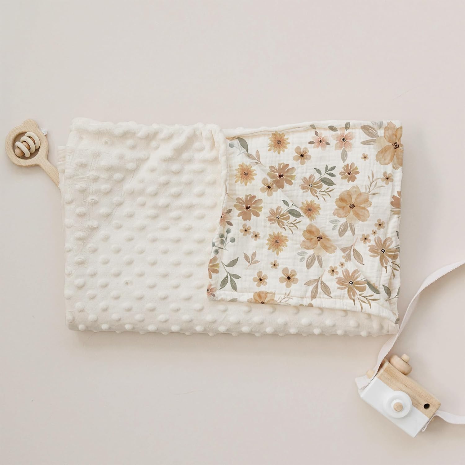 Konssy Baby Blankets for Unisex Boys Girls, Super Soft Nursery Minky Blankets with Muslin Cotton Front and Dotted Fleece Backing, Printed Bed Throws Newborn