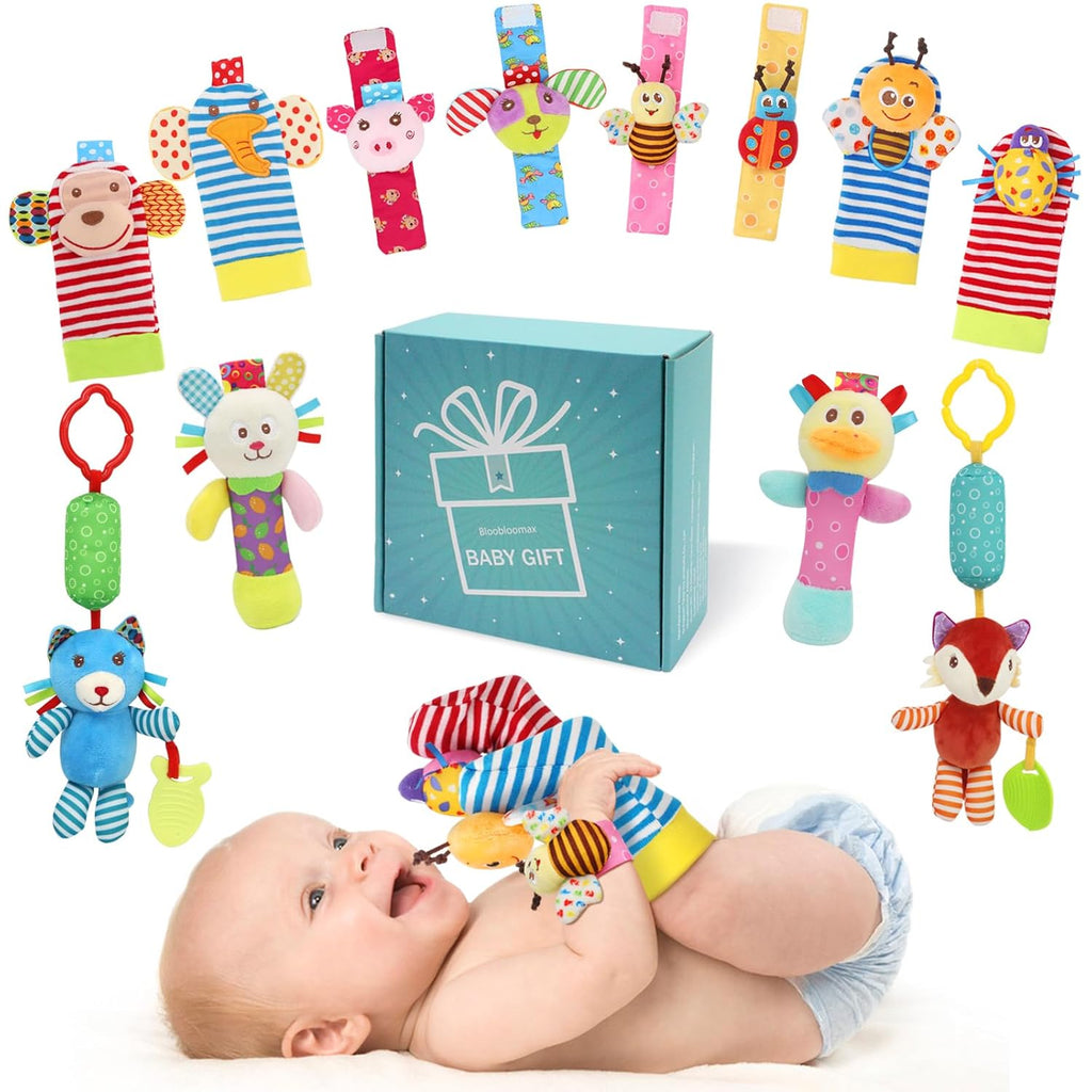 Baby Hanging Rattle, Wrist Rattles Foot Finder Rattle Sock, Hand and Feet Rattle Toy, Newborn Present Baby Shower Birthday Gift Set for0 3 6 9 12 24 to 36 Months Babies(12 E)