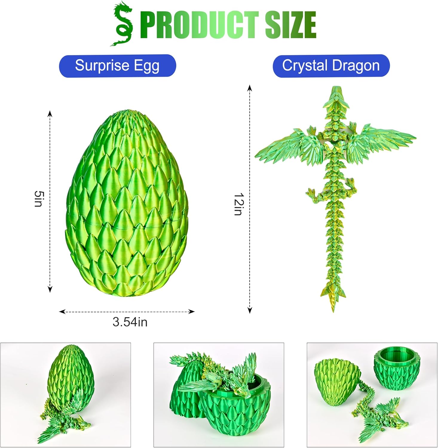 12inch Fly Dragon Egg, Year of The Dragon, 3D Printed Dragon, Executive Desk Toys, Articulated Dragon, Fidget Toys Gifts for Graduates Students Teachers Adults (Yellow&Green)