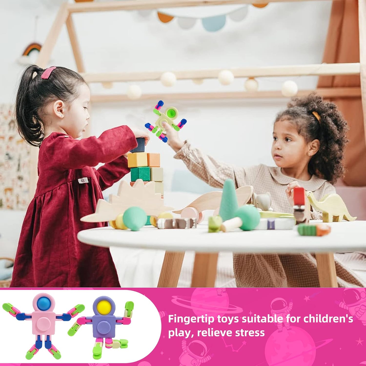 12 Pack Fidget Sensory Spinner Toys， Transformable Chain Robot Fingertip Toy，Pinata Goodie Bag Stuffers Birthday Valentines Day Gifts for Kids,Treasure Box Classroom Prize (A)