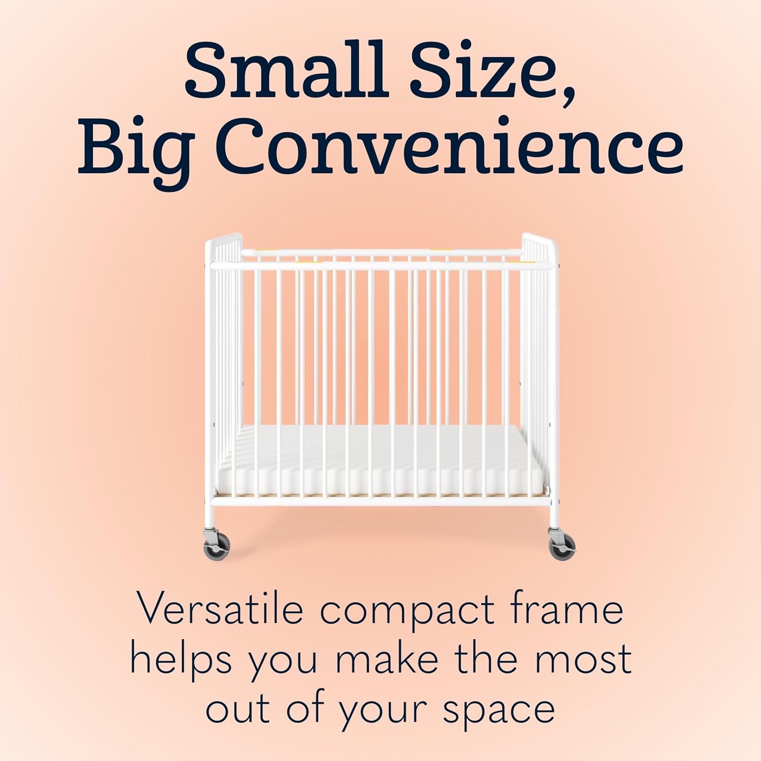 Foundations Chelsea Clearview Metal Compact Daycare Crib, 3" Casters, Compact Mini Size, Easy to Clean Durable Finish, Adjustable to Two Heights Mattress Board (White)