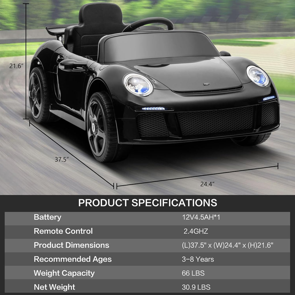 Licensed RUF CTR3 12V Kids Electric Car with Parent Remote Control, 2 Motors, 3 Speeds, LED Lights, MP3 Player | Battery Powered Ride-On Toy for Kids to Drive - Black