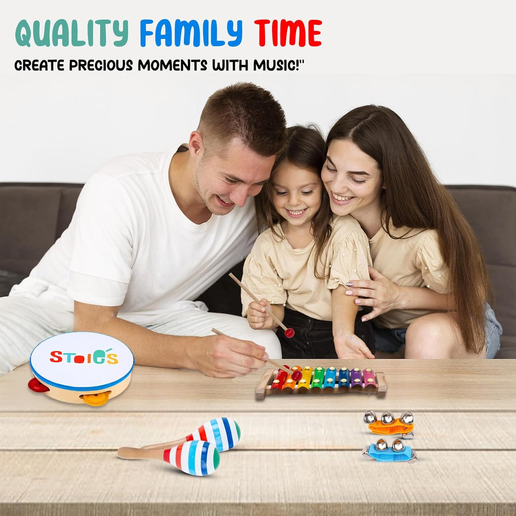 Stoie's Wooden Kids Musical Instruments for 1-5 Years Old, Baby Percussion Toys with Xylophone, Maracas, Tamburine, Durable, Safe to Play, Clear Loud Sound, Kid-Friendly Size, with a Storage Bag