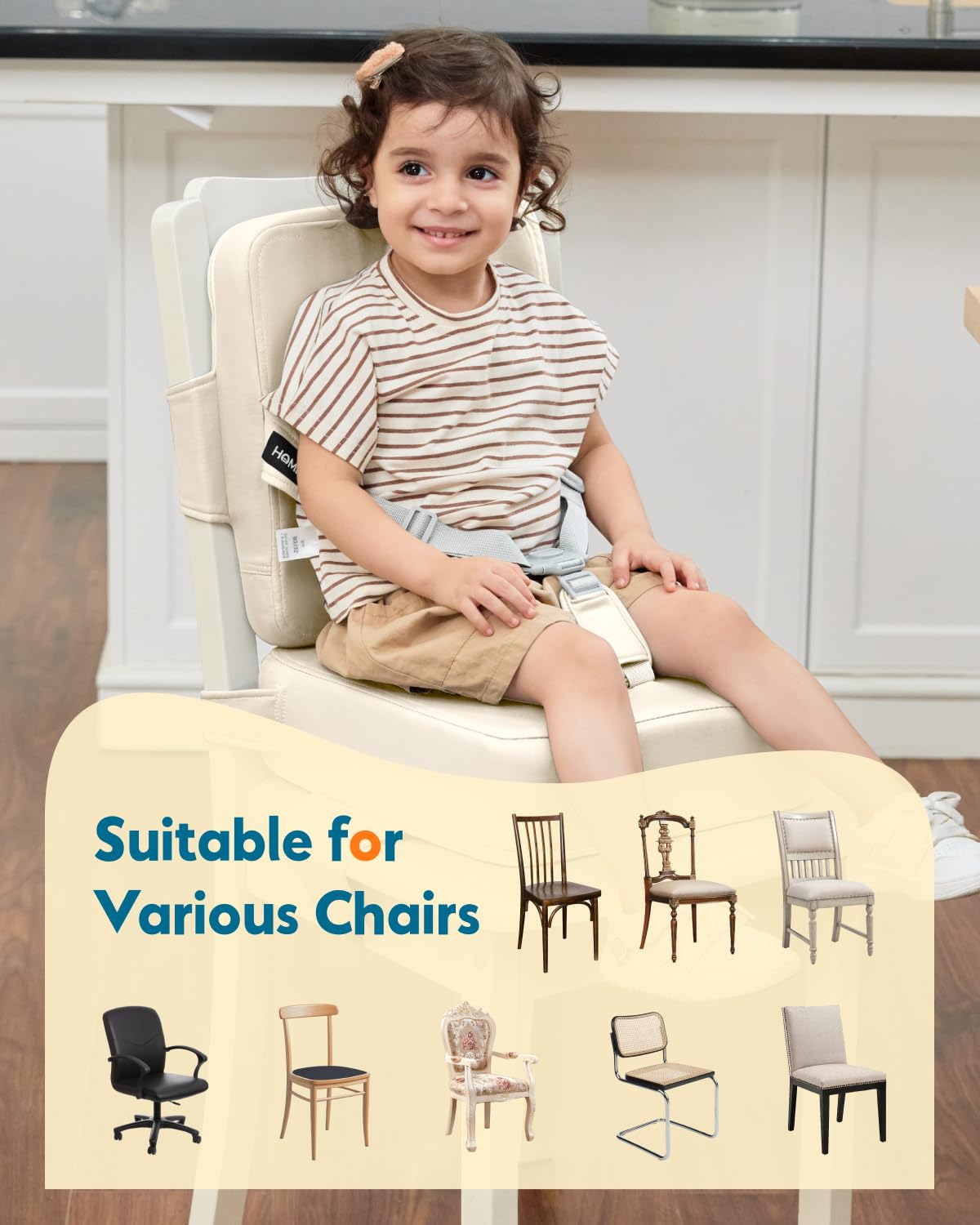 HOMEAL Toddler Booster Seat for Dining Table - Toddler Dining Cushion with Wipeable Surface -Booster Seat for Kitchen Chair with Easy-Install Straps - Breathable Fabric - Beige