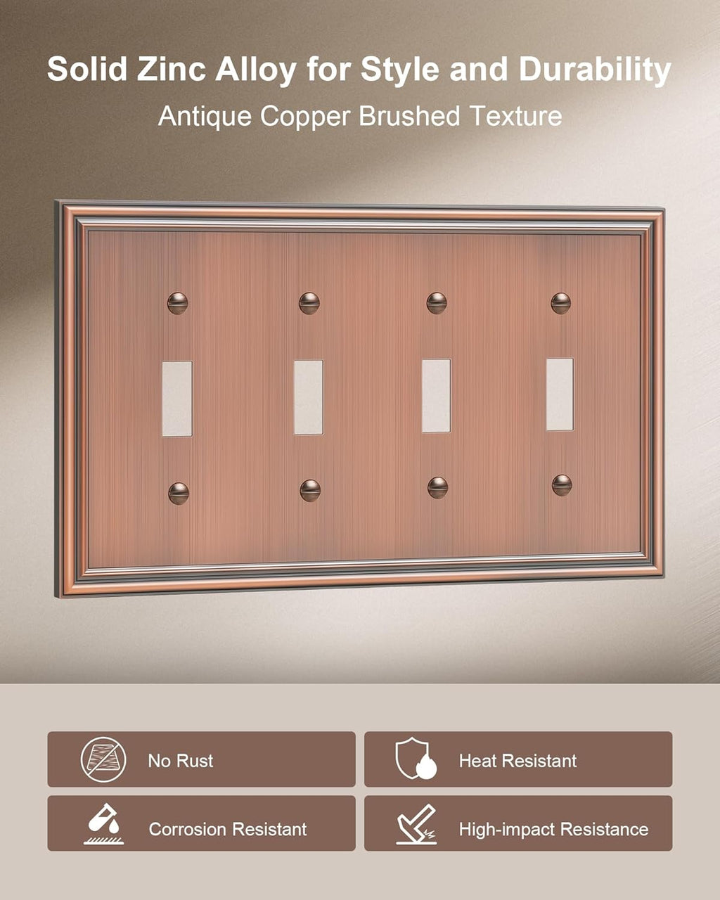 2-Pack Quad Toggle Light Switch Cover Plate, Durable Zinc Alloy Decorative Switch Plate Covers, Antique Copper 4 Gang Wall Plate for Toggle Light Switch and Rotary Dimmer Switch
