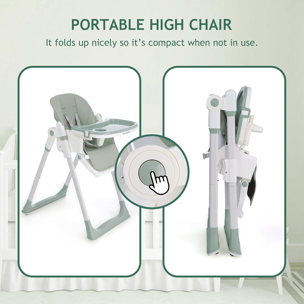 3 in 1 Baby High Chair with Wheels, Adjustable 5 Point Harness, Tray, Foot Rest, Backrest and Seat Height, Foldable High Chair for Toddlers, Green