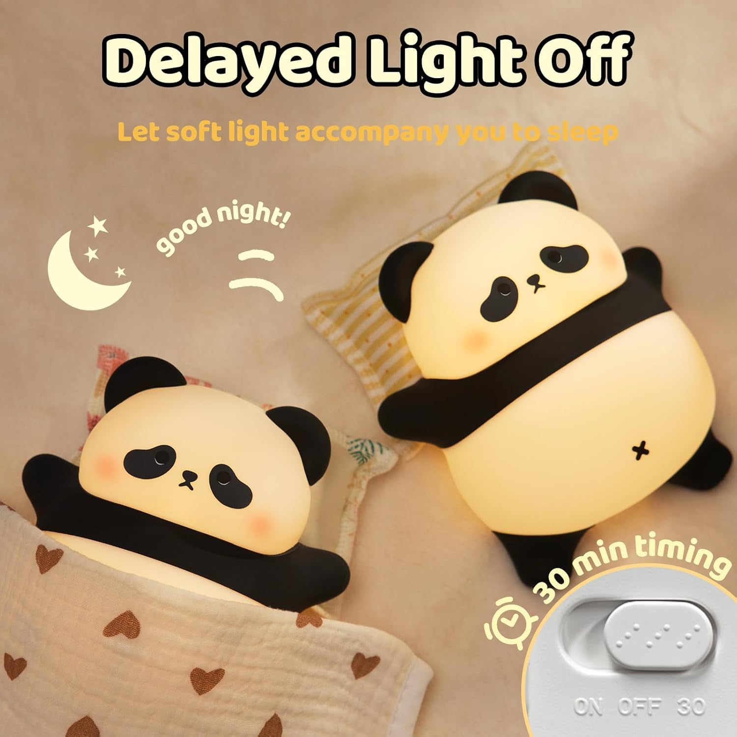 Rechargeable Cute Panda Night Light, 3 Level Dimmable Nursery Nightlight with Timer, Silicone Light Cute Animal Night Lamp for Breastfeeding Toddler Baby Kids Decor, Squishy Lamps Girls Panda Gifts