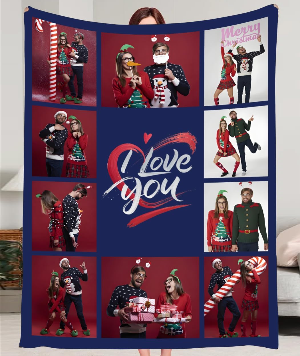 Custom Photo Blankets with Text, I Love You Halloween Decoration Gifts for Girlfriend Boyfriend, Personalized Picture Christmas Blanket for Women, Men
