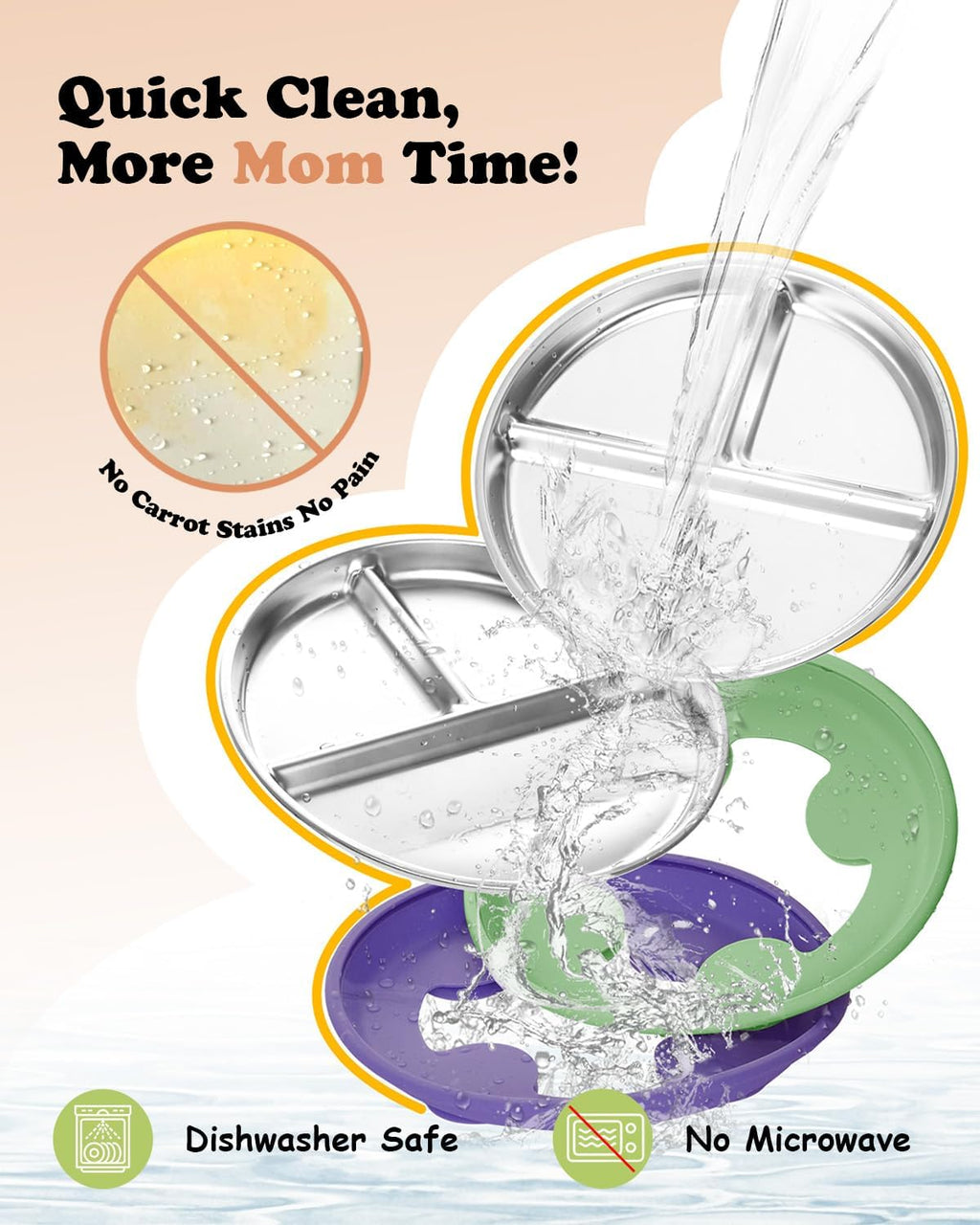 Stainless Steel Toddler Plate with Suction, 8” Divided Plates with Removable Silicone Sleeves for Baby, Non Toxic & BPA Free | Non Slip | Unbreakable Kids Snack Dishes Set of 2, Green & Purple