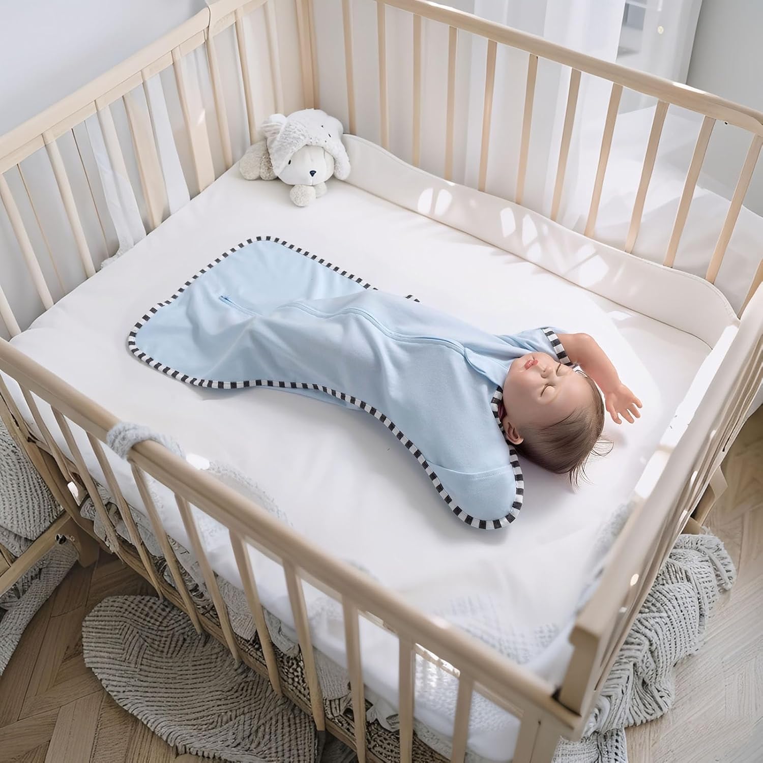 Transition Swaddle, 2 Pack 100% Cotton Baby Sleep Sack, 2-Way Zipper Infant Arm Up Swaddle for Newborn Baby Boys Girls (Blue + Green, M(3-6 Months))