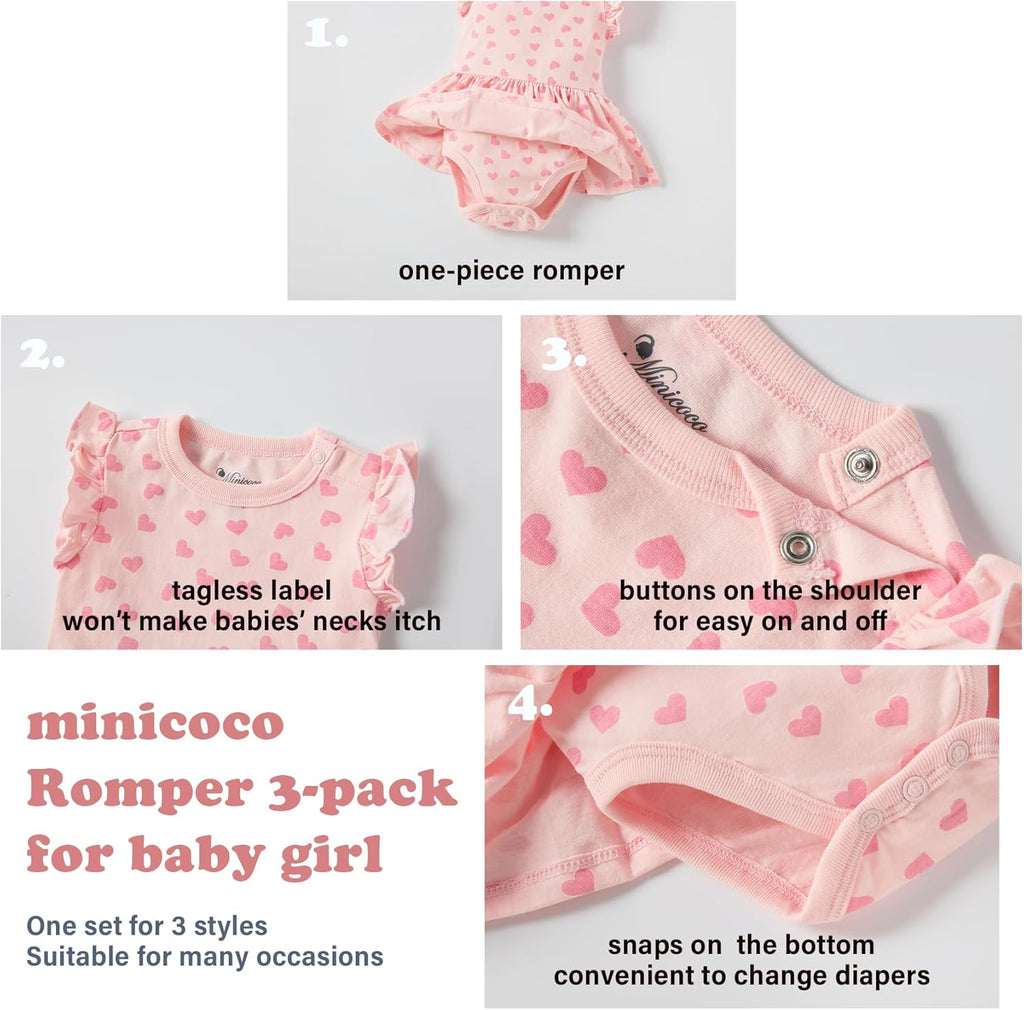 3-pack 100% Cotton Baby Girl Rompers, 0-24 months Ruffle Sleeve Toddler Romper Summer Clothes Set