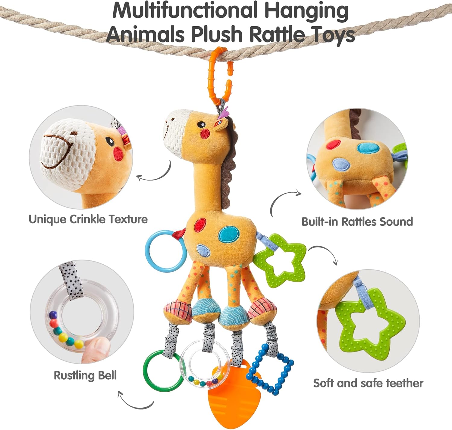 TUMAMA Hanging Toys, 16 inch Plush Animals Baby Rattle, Car Seat Stroller Toys, 2 Pack, Newborn - 12 Months, 2 x Plush Animal Hanging Toys (Giraffe, Zebra), Rings, Built-in Rattles and Crinkles
