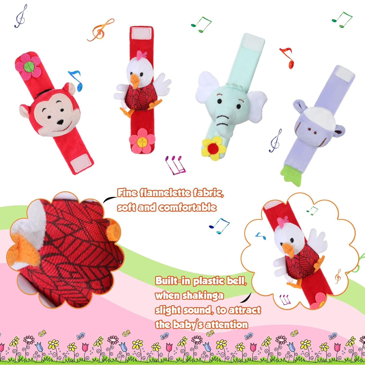 4 Pieces Baby Wrist Rattles Animal Pattern Newborn Foot Rattles Toy for 0-12 Months Babies Boy Girl Infant Birthday Gifts Educational Toys, 4 Designs (Sheep, Dog, Chick, Monkey)