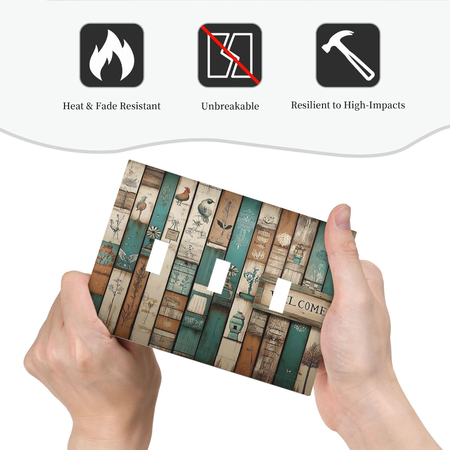 Decorative Switch Plates Vintage Wood Brown Turquoise Splicing 3 Gang Wall Plate Triple Toggle Light Switch Cover Faceplate Electrical Wall Panels For Farmhouse Cabin Decor