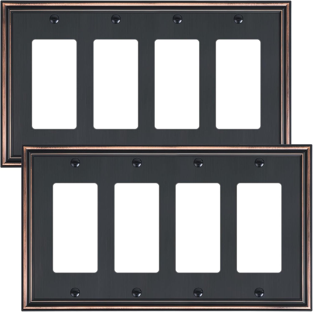 2-Pack Quad Decorator Outlet Cover Plate, Zinc Alloy Decorative Aged Bronze Switch Plates and Outlet Covers, 4 Gang Wall Plates for Electrical Outlets, Receptacle, GFCI Outlet, Dimmer Switch