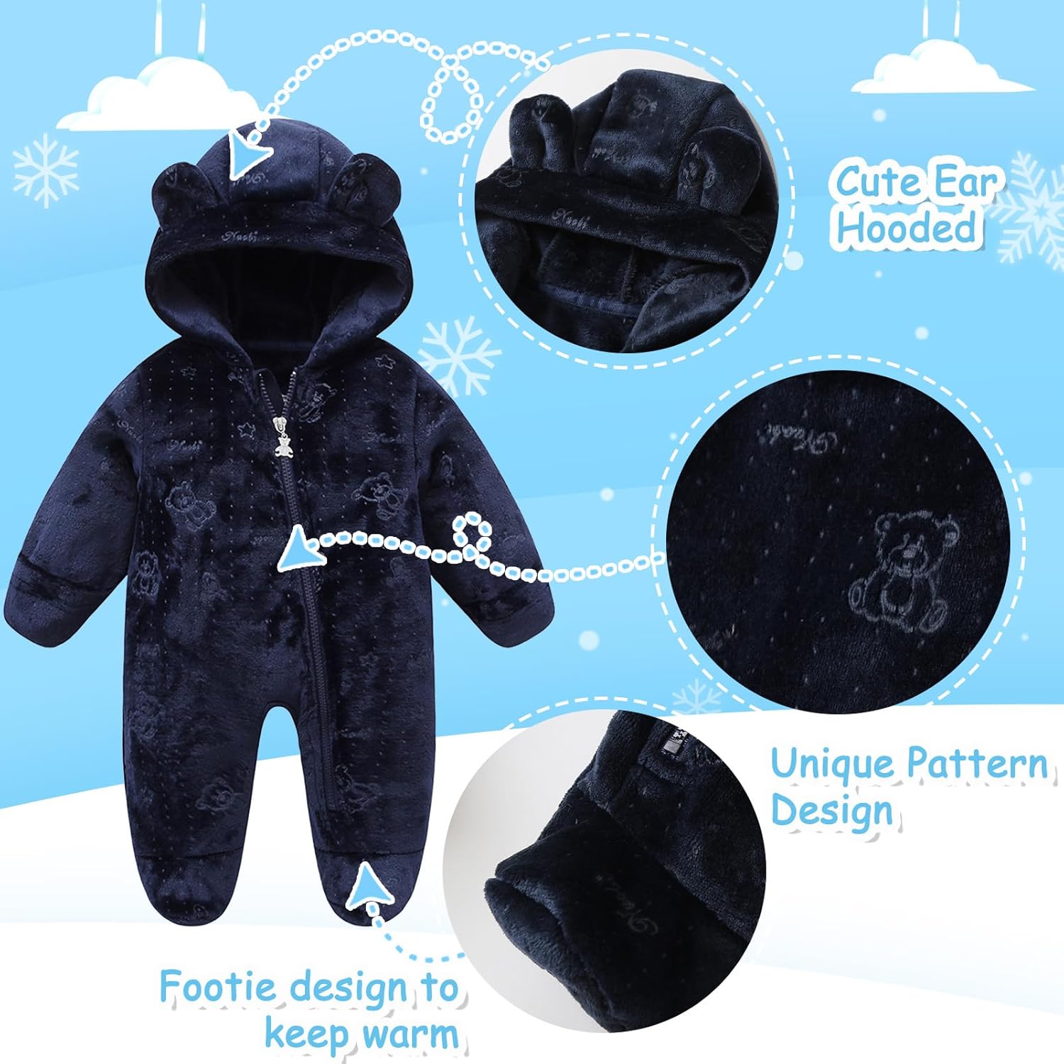 Fairy Baby Newborn Baby Bear Onesie Thin Fleece Footie Romper Snowsuit Hooded Jumpsuit Bodysuit Winter Outwear Boy Girl 0-12M