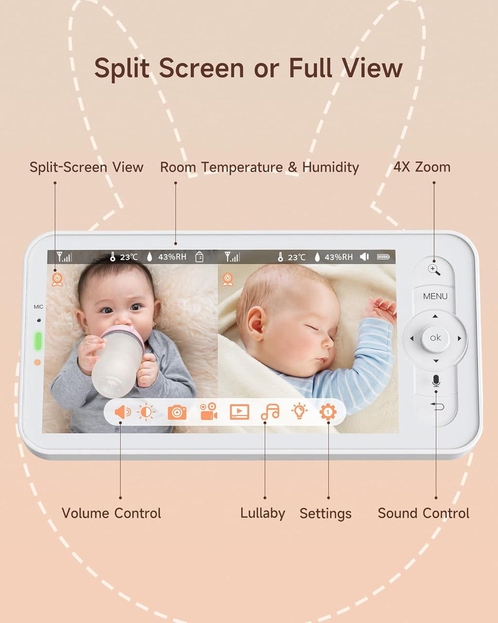 ARENTI Baby Monitor with 2 Cameras, 2K Smart Baby Camera with 5'' Upgraded Wireless Display, Super Night Vision, Breathing Light, Lullabies, Cry&Motion Detection, Temp&Humidity Sensor, 2 Way Audio