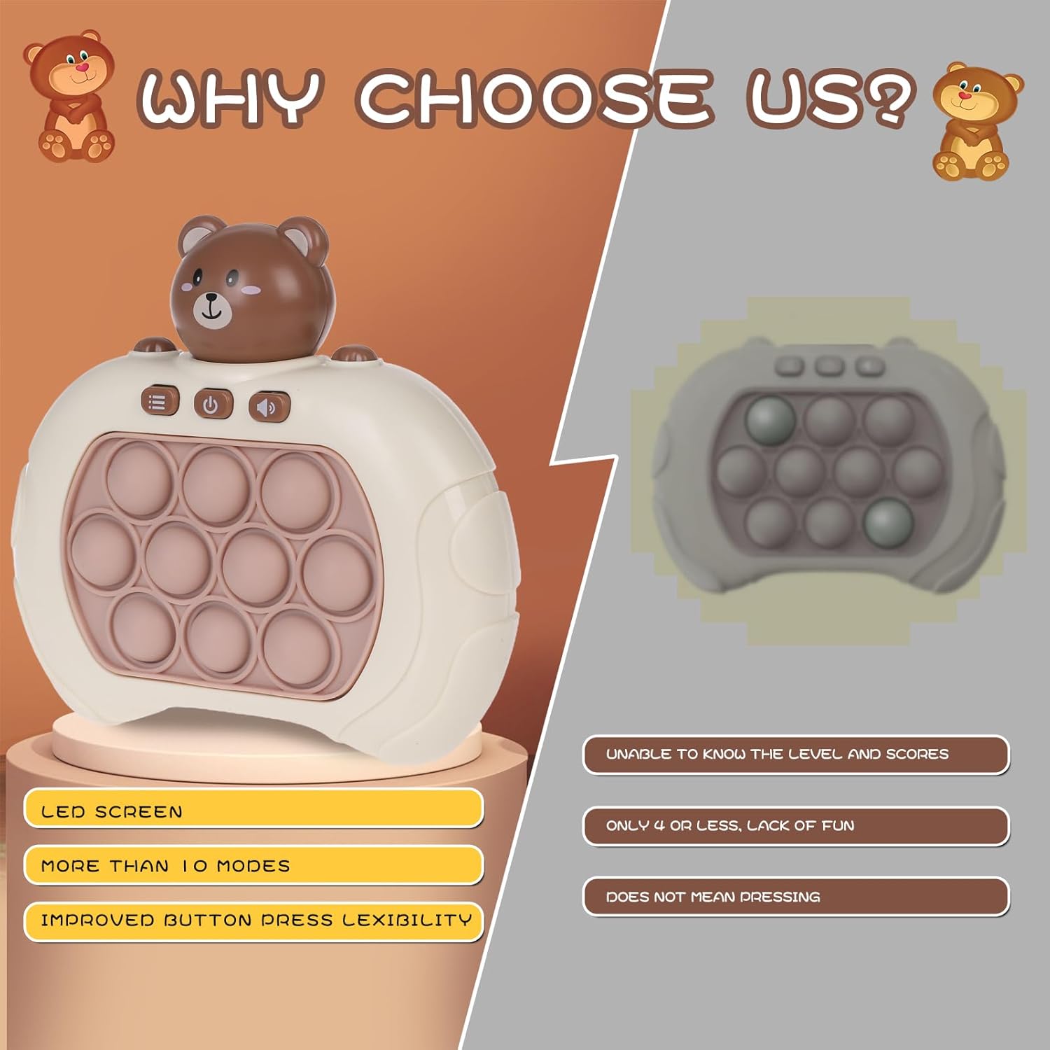 Fast Push Game Pop Fidget Toys for Kids, Fast Push Bubble Game, Quick Push Pop Game for Boys & Girls Age 3-12, Handheld Puzzle Game Sensory Toys Relaxation and Decompression (Grey Bear)