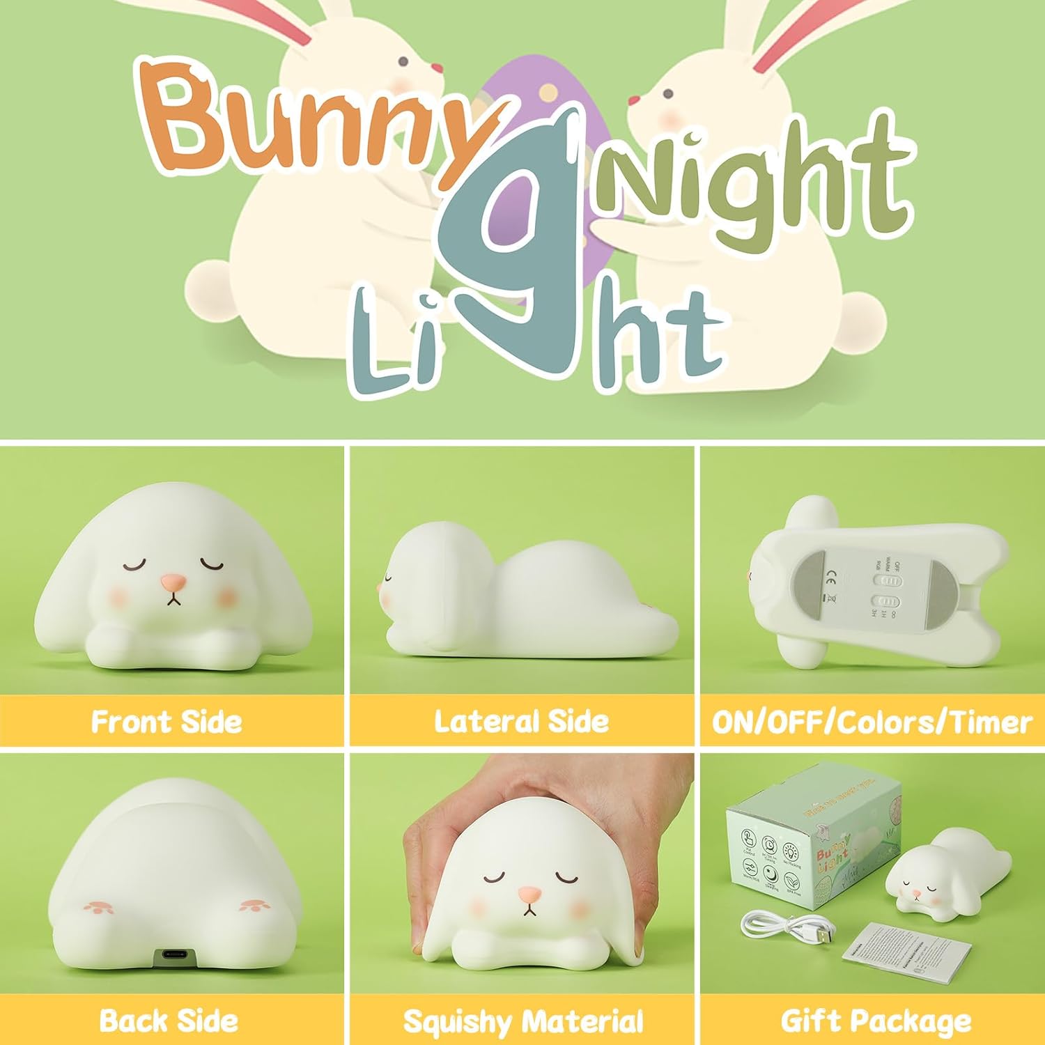 Tremdwoto Bunny Night Light for Kids - 16 Color Changing, Rechargeable Dimmable Nursery Lamp with 1/3 H Timer, Cute Animal Night Light for Baby Boys Girls, Kawaii Room Decor Gift
