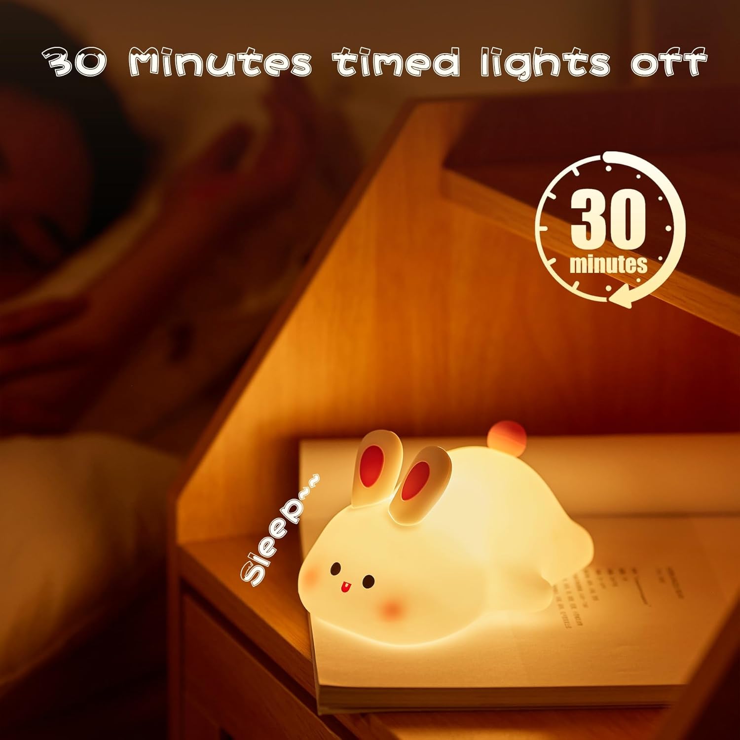 Big Face Rabbit Night Light, Adorable LED Bunny Night Lamp, Silicone Dimmable Nursery Nightlight for Girls, Silicone Rechargeable Bedside Touch Night Lights for Easter Decor