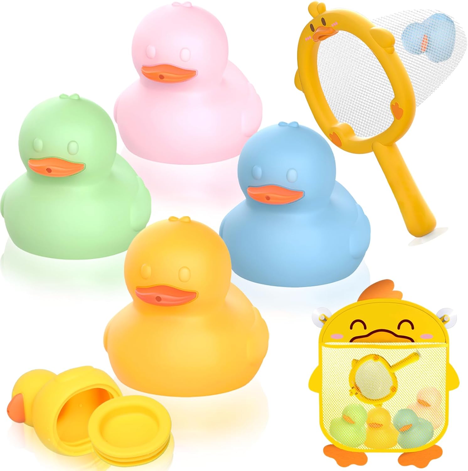 6Pcs Mold-Free Bath Toy Silicone Duck Set for Toddlers 1-3 Years and Babies 6-12 Months, Dishwasher Safe, with Duck Fishing Net and Storage Bag