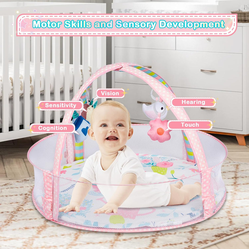 Baby Play Mat, 4-in-1 Baby Play Gym Tummy Time Mat with Ball Pit and 5 Detachable Toys for Newborn to Develop Sensory Exploration and Motor Skill 0-6-12 Months