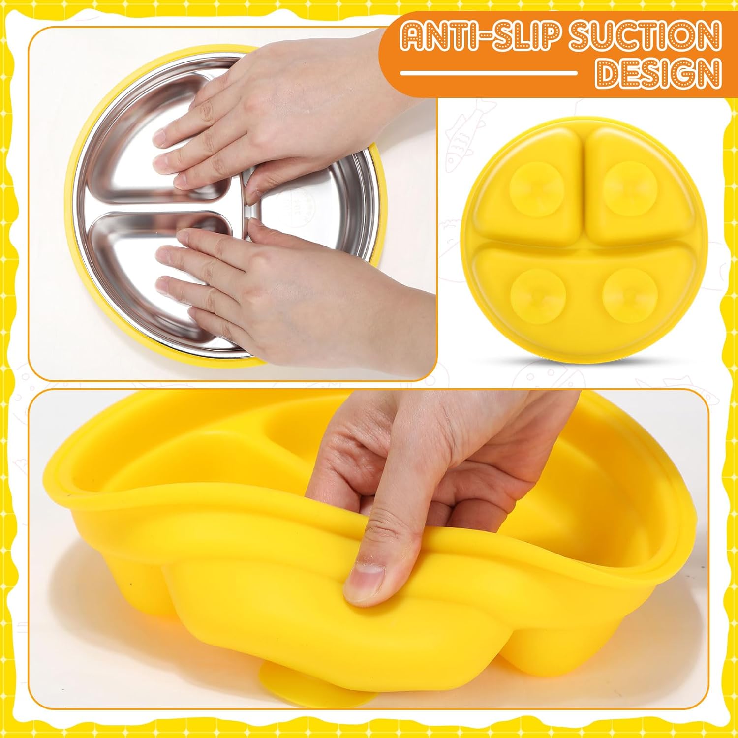 Nuogo 2 Pcs Stainless Steel Baby Suction Plates with Removable Silicone Shell 2-in-1 Metal Toddler Bowl Divided for Picky Eaters Kids Feeding Led Weaning Supplies, Dishwasher Safe (Yellow,Orange)