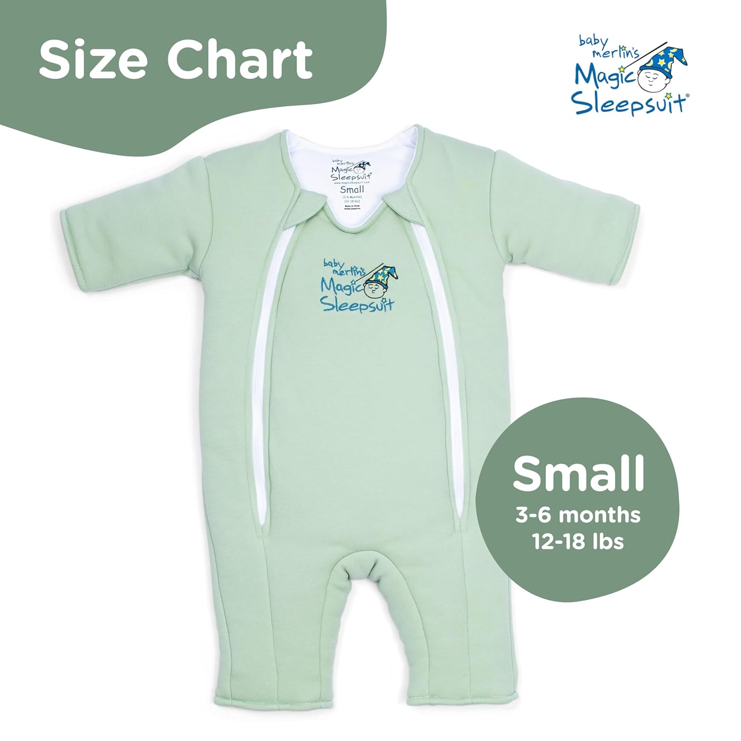 Magic Sleepsuit Baby Merlin's Cotton Baby Swaddle Transition Product - Soft and Cozy Design, Double Zipper for Easy Diaper Changes, Promotes Safe Sleep, 3-6 Months - Sage Green - Small 12-18lbs
