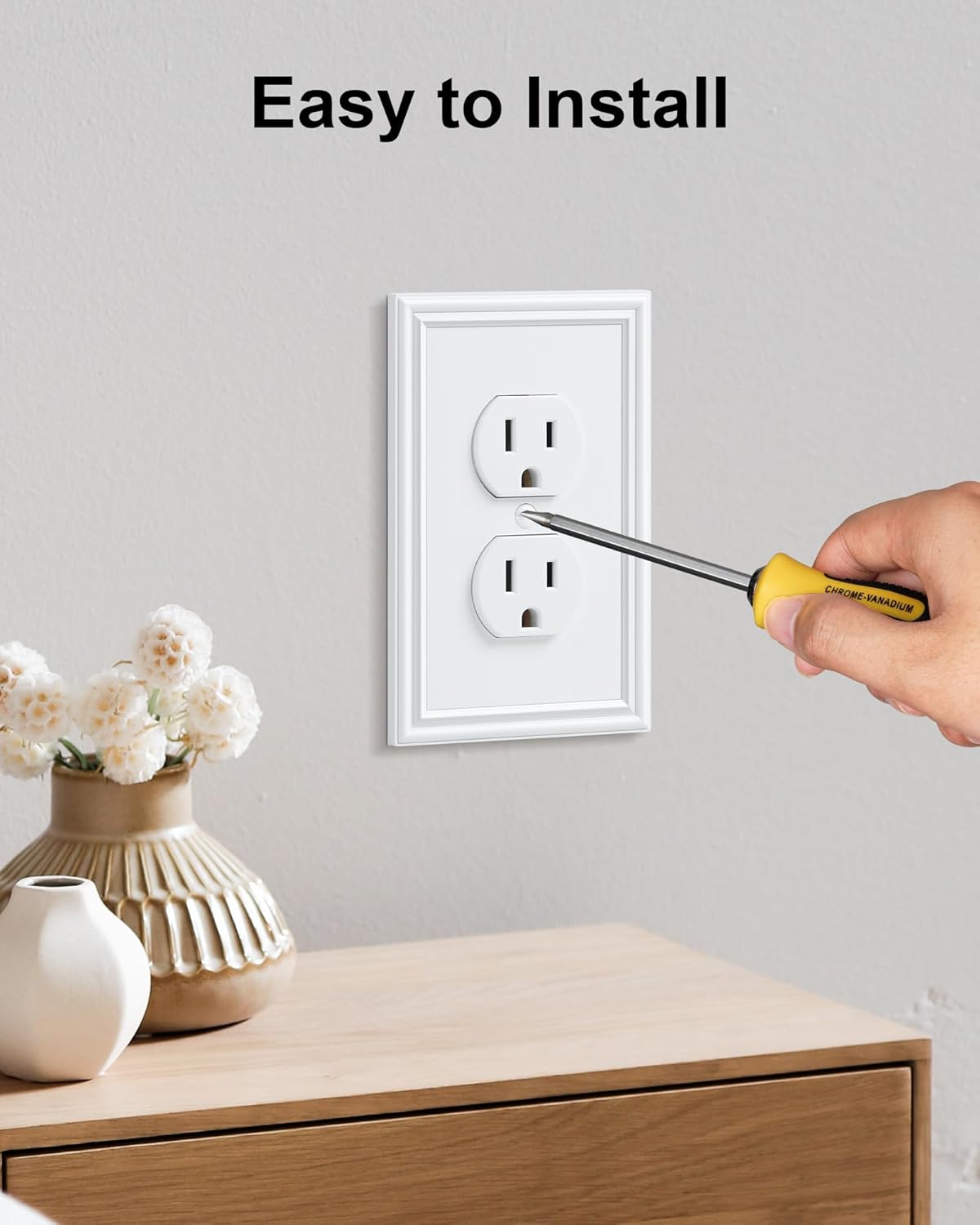 6-Pack Single Duplex Outlet Cover Plate, Decorative White Switch Plates and Outlet Covers, Metal Wall Plates for Electrical Outlets, 1 Gang Receptacle Cover, Corrosion Resistant