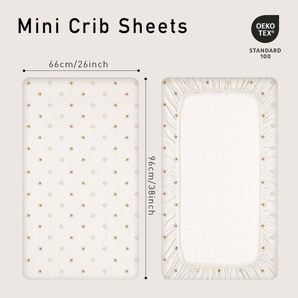 Gllquen Baby Muslin Mini Crib Sheets 3 Pack, Breathable Pack and Play Sheets Fitted Soft Cozy Cotton Pack N Play Sheets for Baby Boy Girls, Universal Fitted Mini Crib Mattresses 38"x26" (Yellow)