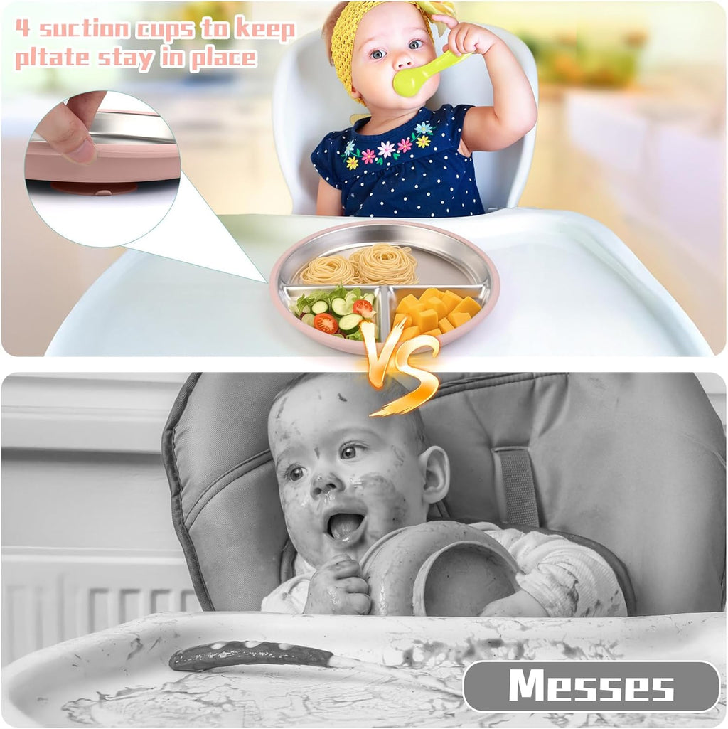 ShineMe Stainless Steel Kids Plates 2 Pack, 9”Suction Plates for Baby with Removable Colored Silicone Sleeves, Unbreakable Toddler Divided Plate Non Toxic for Snack, Meal...