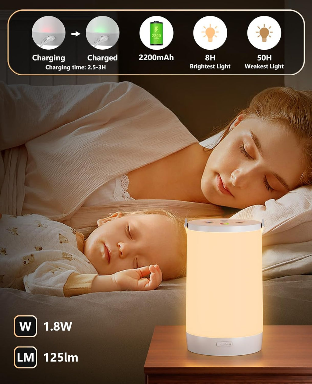 Night Light for Kids, Portable USB Night Lamp with 2200 mAh Battery, Bright Color Changing Light for Nightstand, Small Touch Bedroom Table Lamp for Girls, Boys, Toddler, 2 Pack