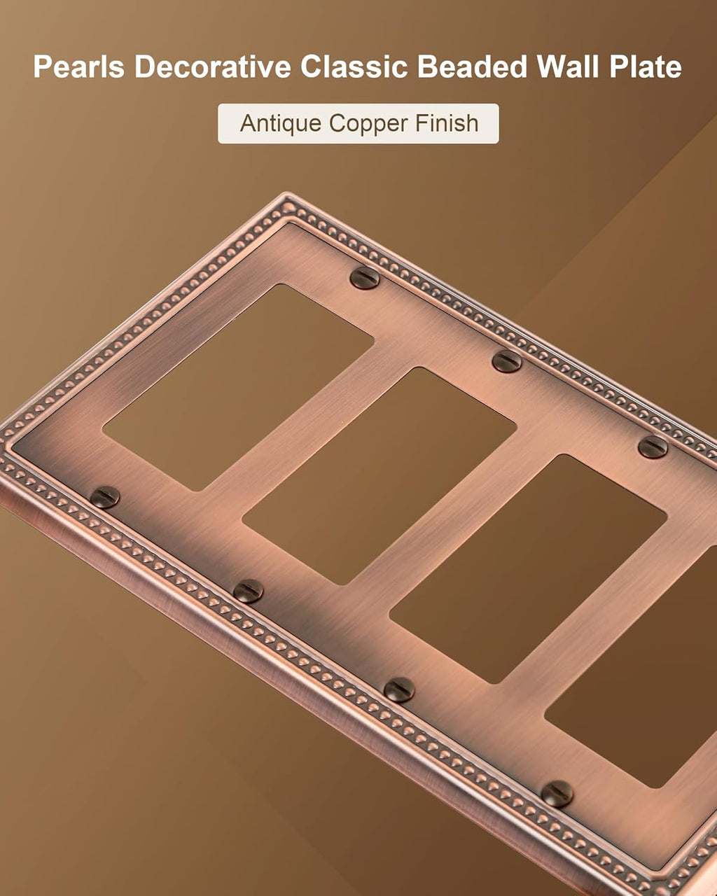 2-Pack Quad Decorator Outlet Cover Plate, Antique Copper Pearls Decorative Switch Plates and Outlet Covers, Metal Wall Plates for Electrical Outlets, Receptacle, GFCI Outlet, Dimmer Switch