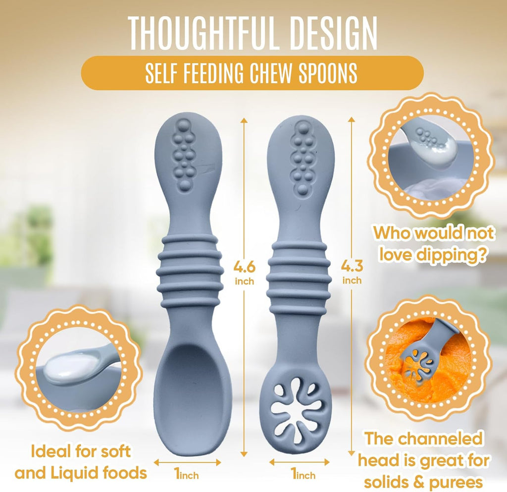 4pc Silicone Baby Spoons Self Feeding Baby Utensils 6-12 Months - 3 Baby Spoon - 1 Baby Fork - Toddler Cutlery Set - BPA Free, Dishwasher Safe - Baby Eating Essentials (Gray/Beige)