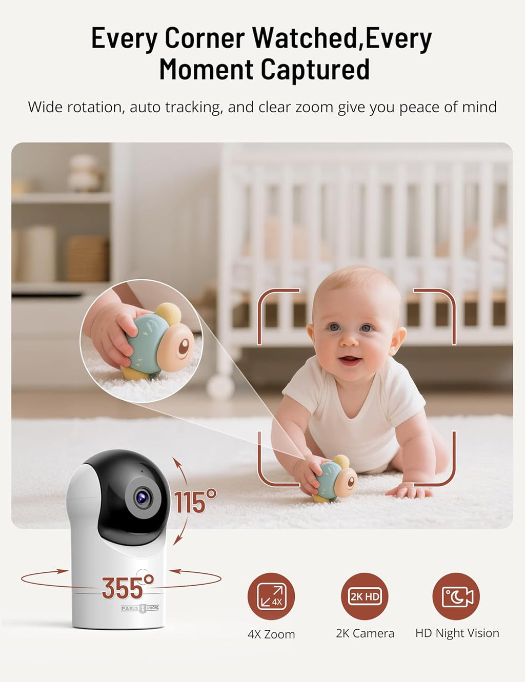 PARIS RHÔNE Video Baby Monitor, 2K UHD WiFi Camera, Night Vision, 5” Smart Baby Monitor with App Control, Motion and Cry Detection, AI Tracking, Three-Way Audio, RGB Night Light, Lullabies
