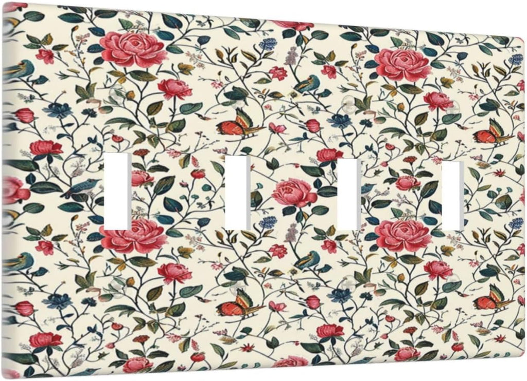 Light Switch Covers Vintage Flowers Rose Leaf Bird Butterfly Quad Toggle Electrical Faceplate 4 Gang Wall Plate Decorative Switch Plates for Bedroom living Room Decor