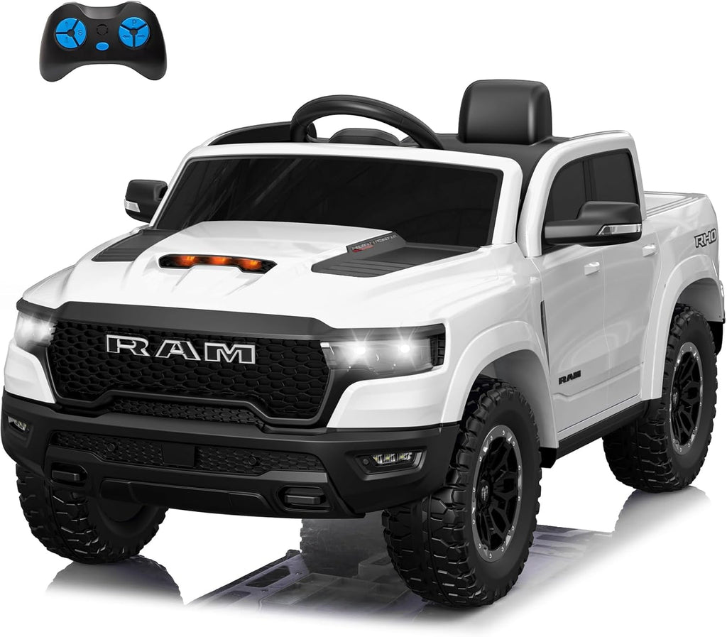 Licensed Ram 1500 Ride on Toys for Kids 4-8, Ride-on Electric Car for Kids with Remote Control, Battery Powered with Car Key/Gear Selector, LED Light/Music/MP3, Back Storage (White)