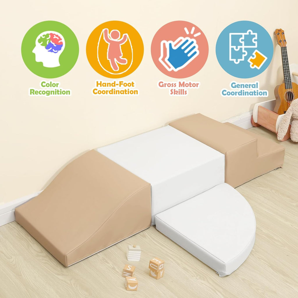 4-Piece Soft PU Leather Toddlers Climbing Toys, Baby Foam Climbing Blocks for Toddlers 3, Foam Play Gym Climbing Structures, Indoor Climb and Crawl Activity Play Set (White and Coffee)