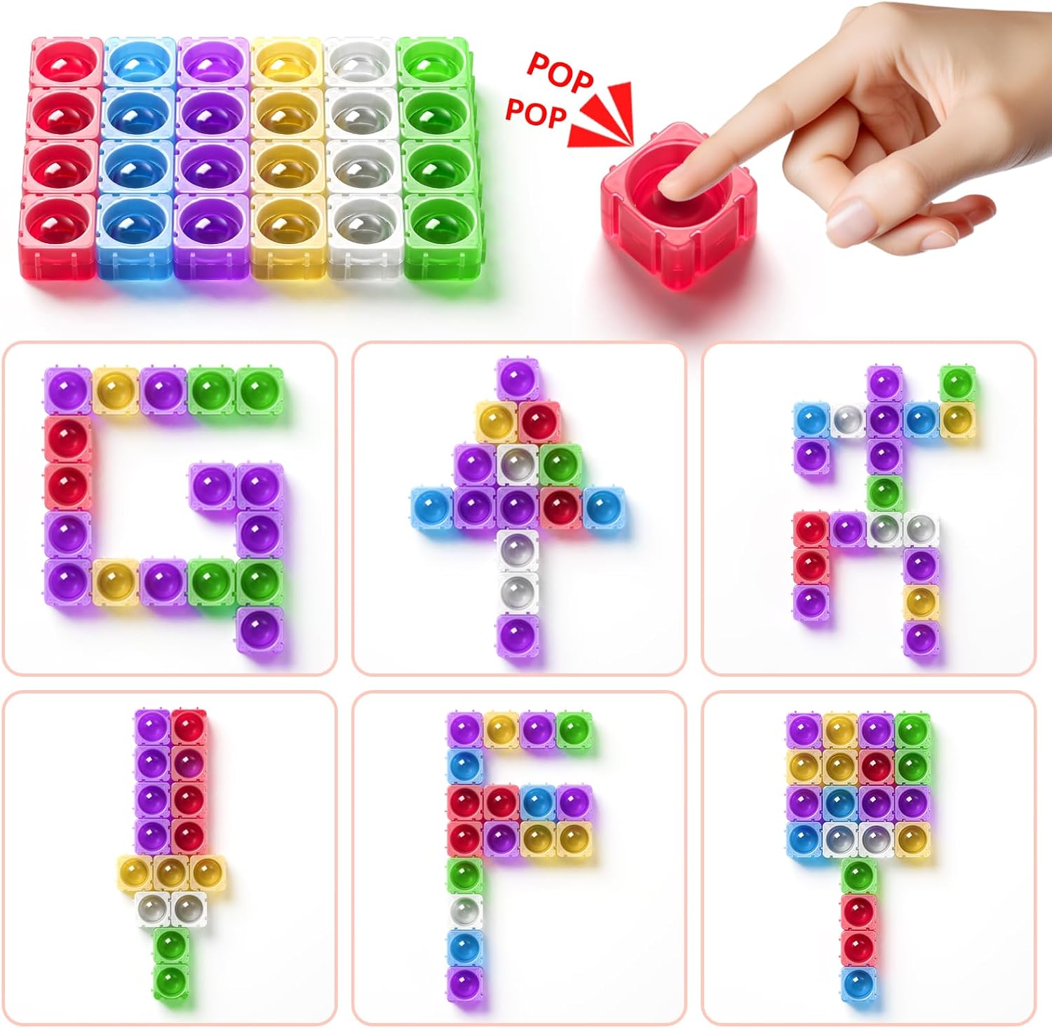 Pop Building Blocks for Kids Toddlers, 1.37 Inch Large Transparent Silicone Fidget Blocks, Color Sorting Sensory STEM Montessori Toys Classroom Must Have for Preschool CVC Word Learning