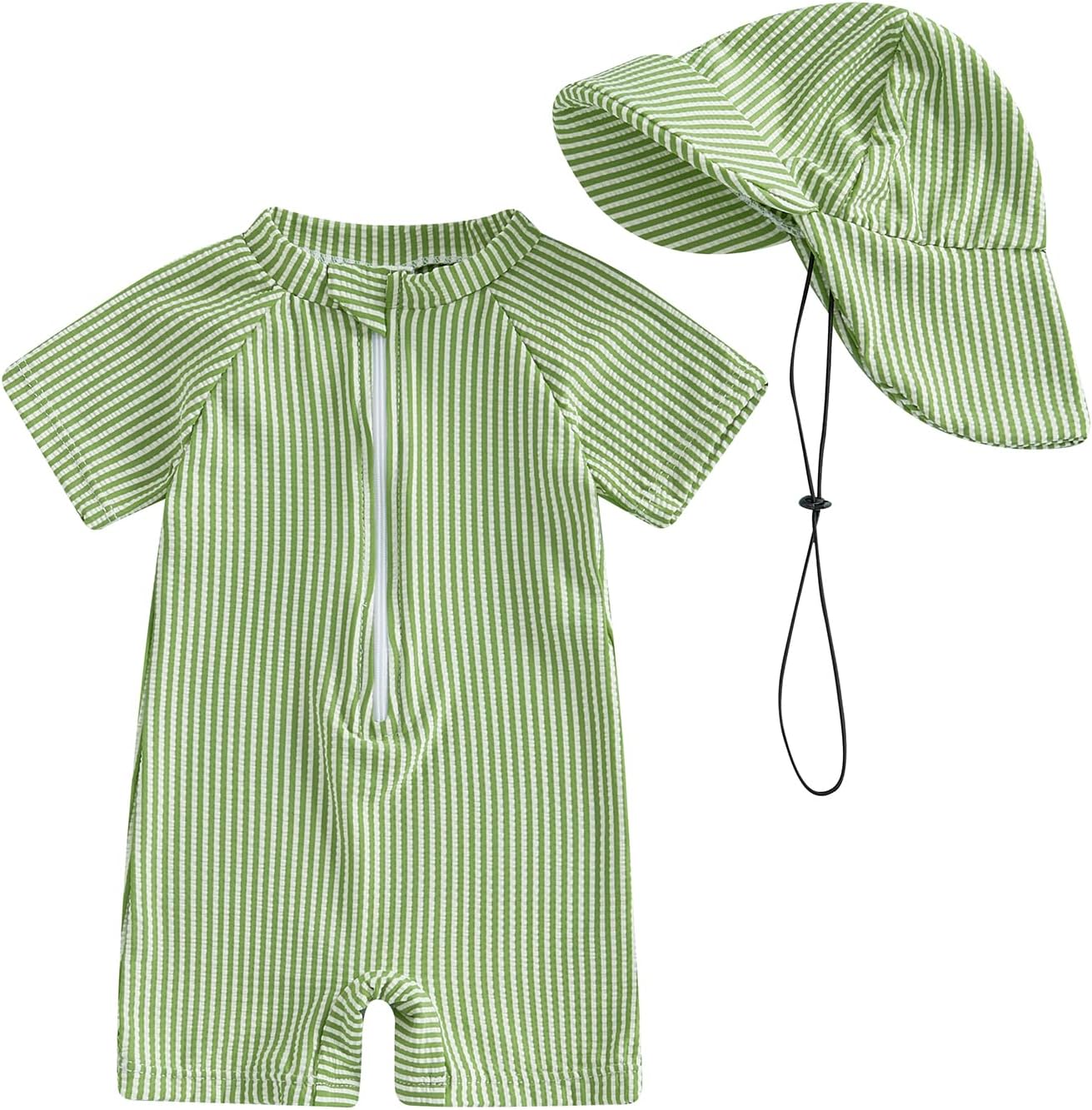 Toddler Baby Boys Seersucker Short Sleeve One Piece Rash Guard Swimsuit Zipper Bathing Suit Swimwear with Hat