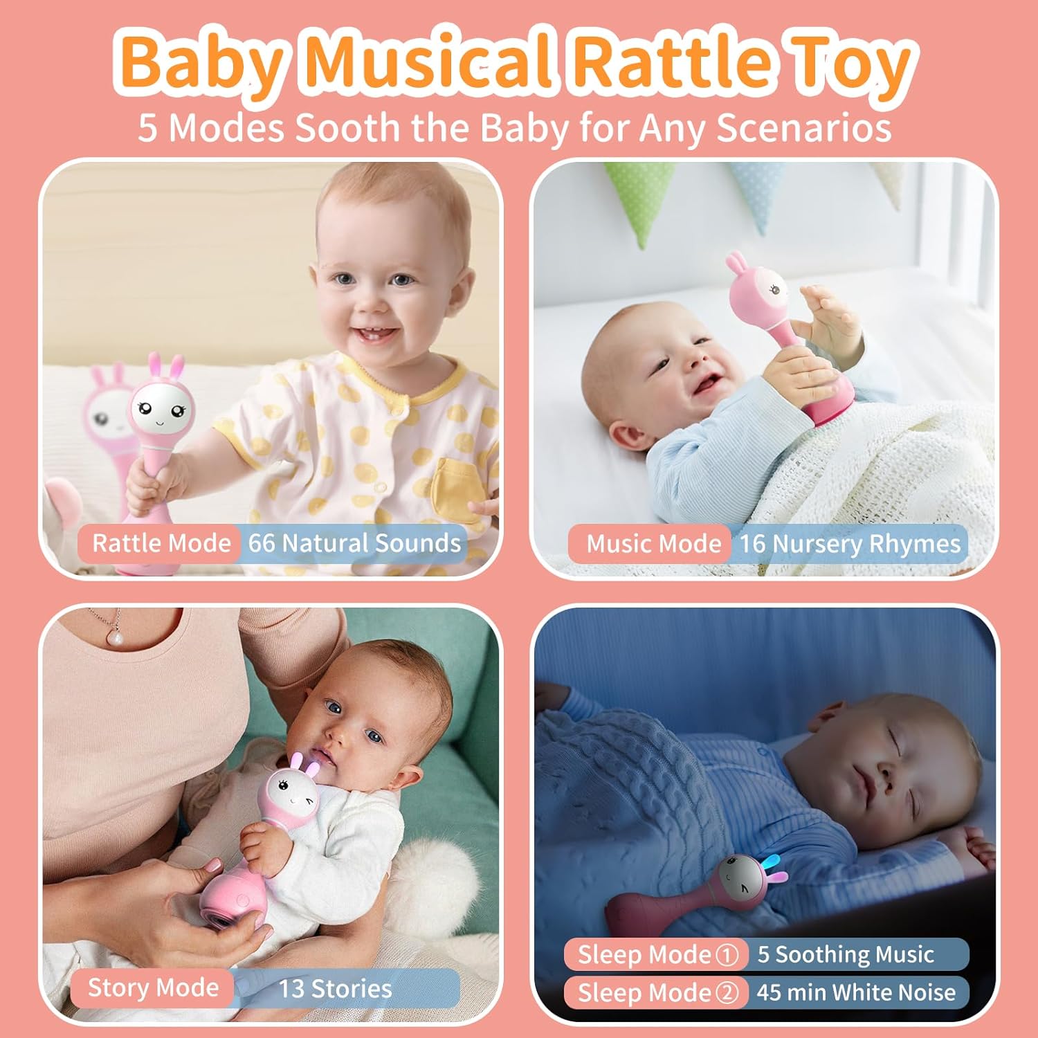 alilo Smarty Bunny Baby Rattle Musical Light Up Toys, Infants Newborns Baby Toys 0-3-6-12-18-24 Months,1 Year Old Boy Girl Gifts, 4 Music Modes and Color Recognition Function with 9 Color Card