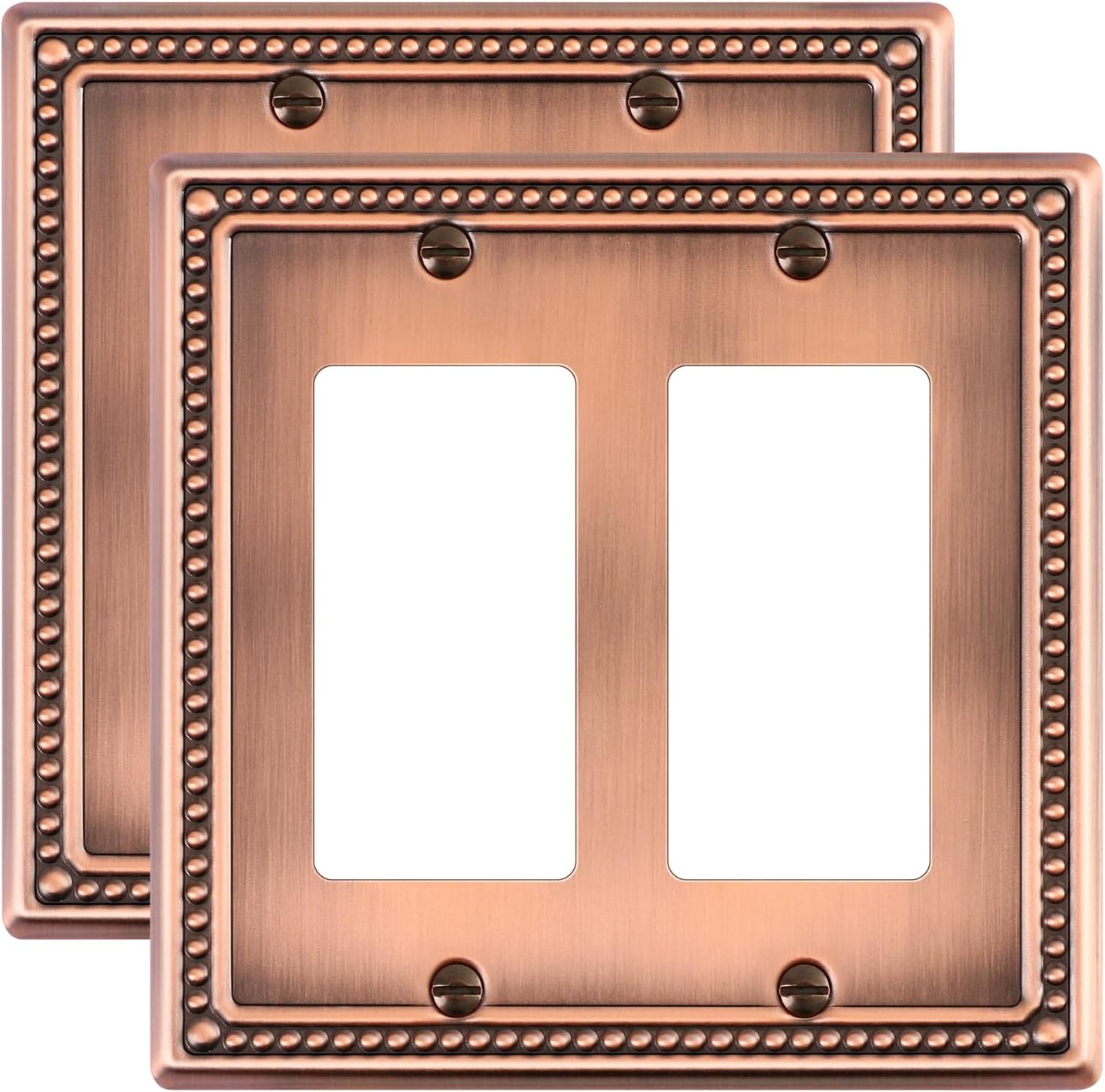 2-Pack Double Decorator Outlet Cover Plate, Antique Copper Pearls Decorative Switch Plates and Outlet Covers, Metal Wall Plates for Electrical Outlets, Receptacle, GFCI Outlet, Dimmer Switch