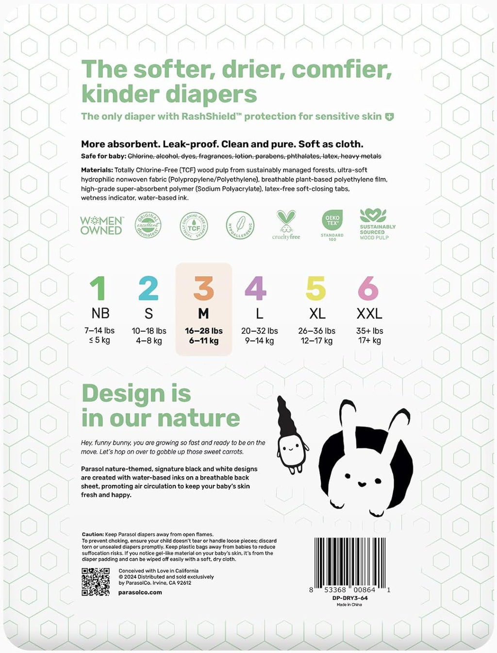 Parasol Clear+Dry Disposable Diapers, RashShield Protection and Leak-Control Fit, Hypoallergenic Diapers, Size 3 (16-28 lbs), 256 Count